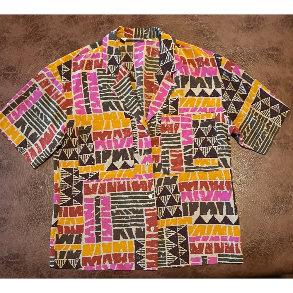 Ellen Tracy Silk Geometric Print Button Up Short Sleeve Shirt‎ Women Size 10